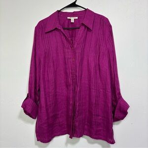 JM Collection Magenta Purple Women's Size 16 Top Blouse 100% Linen Button Front